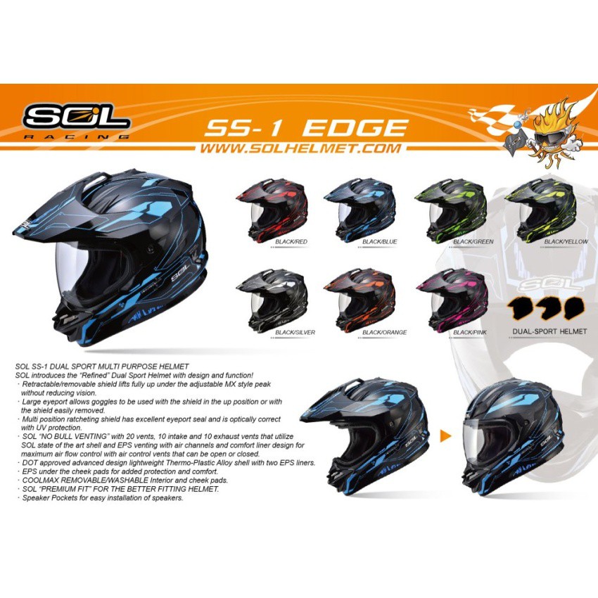 SOL Dual Sport Motard SS-1 Edge Helmet (Black/Green) | Shopee 