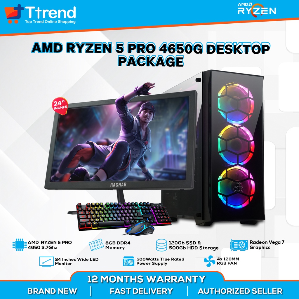 AMD Ryzen 5 4650G 6c/12t 3.7~4.2Ghz 6c/12t Gaming Desktop Computer Package  with 24