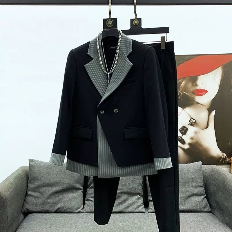 Korean High-End Sense ins Fashion Striped Stitching Suit Male Version ...