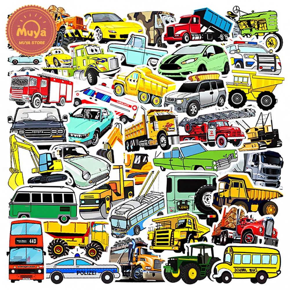 MUYA 50pcs Cool Vehicle Stickers Pack Cartoon Excavator Car Waterproof ...