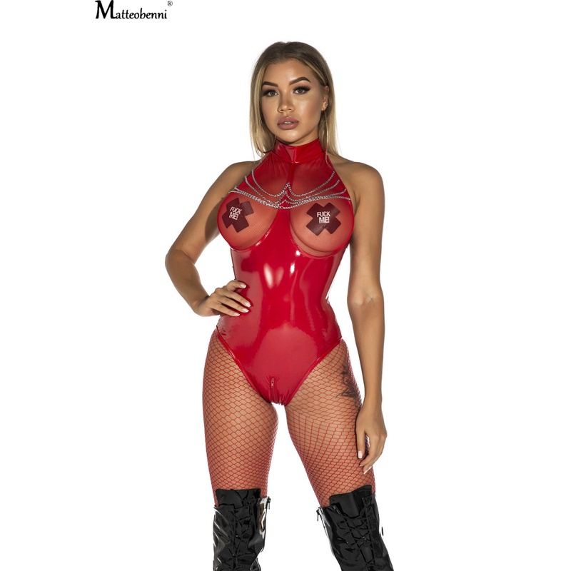 Fashion Sexy Faux Leather Catsuit Pvc Latex Bodysuit Hollow Out Bust Open Crotch Clubwear Fetish