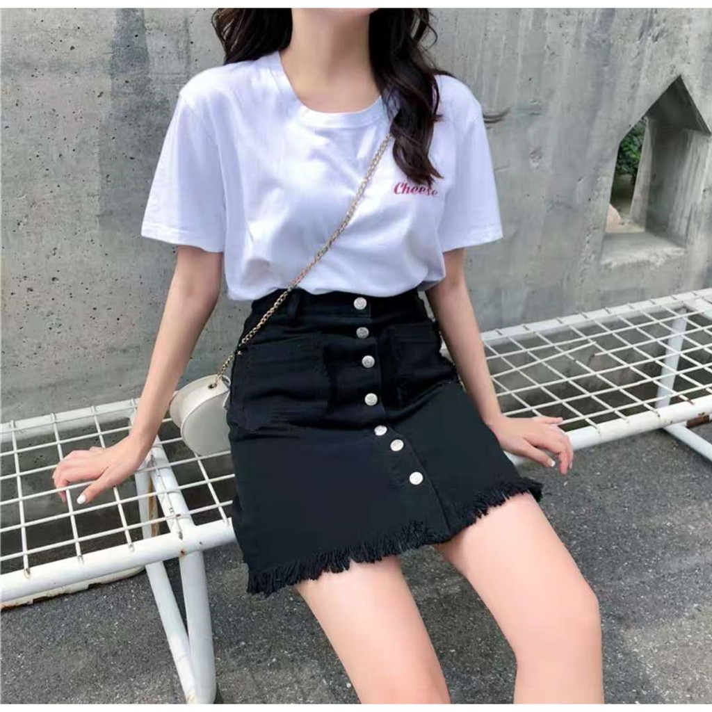 Black jean skirt outlet outfit korean