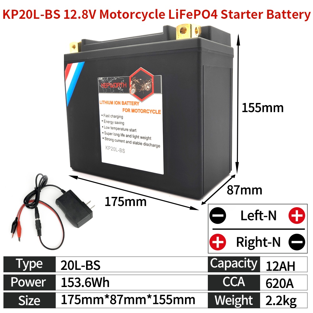 KP20L-BS LiFePO4 Motorcycle Starter Battery 12V 12Ah CCA 620A Lithium ...