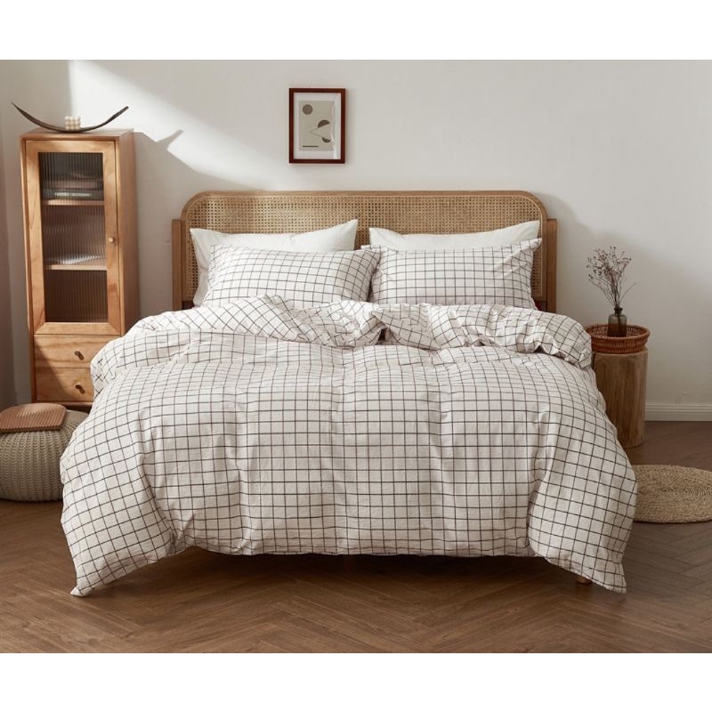 White Grid Classic Modern Design 3in1 Korean Cotton Bedsheet Set (Size