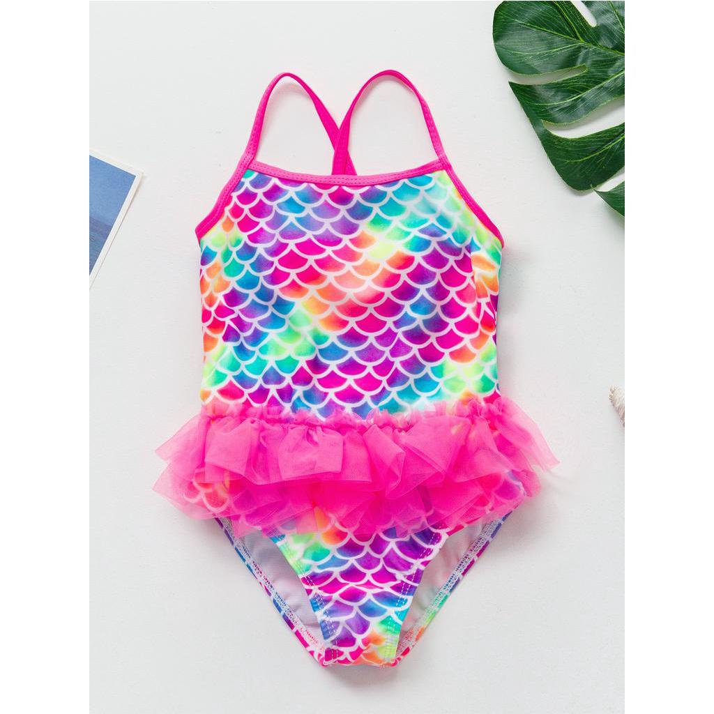 Girls Fashionable One-piece Lace Mesh Swimsuit Fish Scale Swimsuit ...