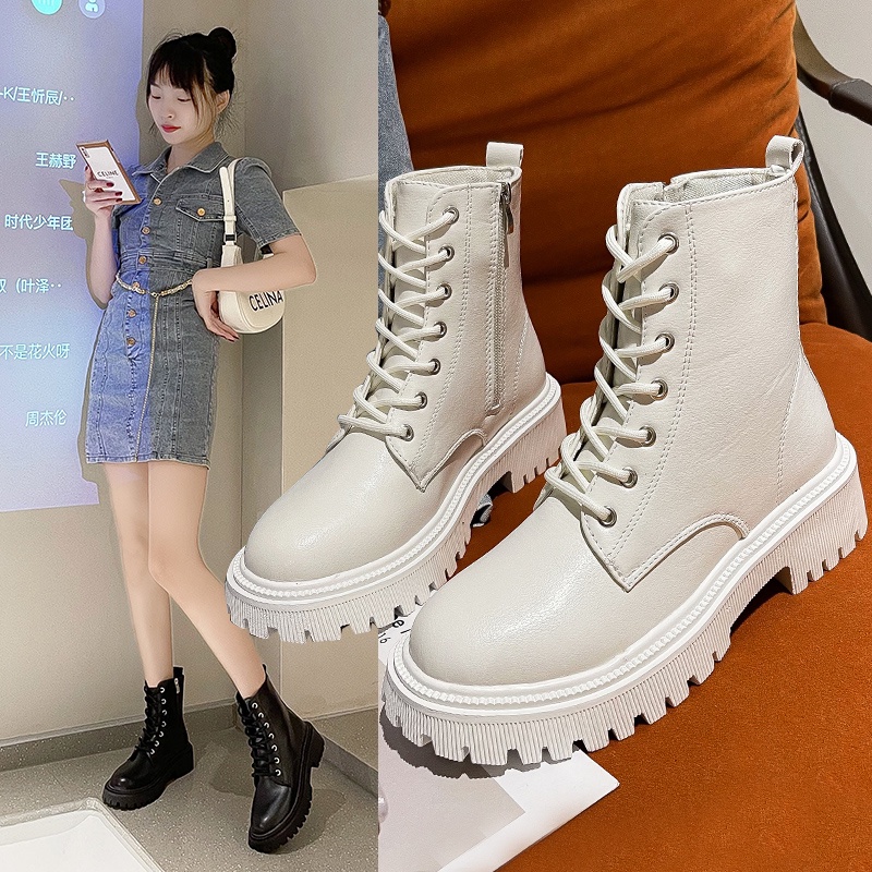 2022 Combat Boots Women White PU Leather Motorcycle Boots Punk Gothic Fashion Lace Up Black Ankle Boots Female Shoes Shopee Philippines