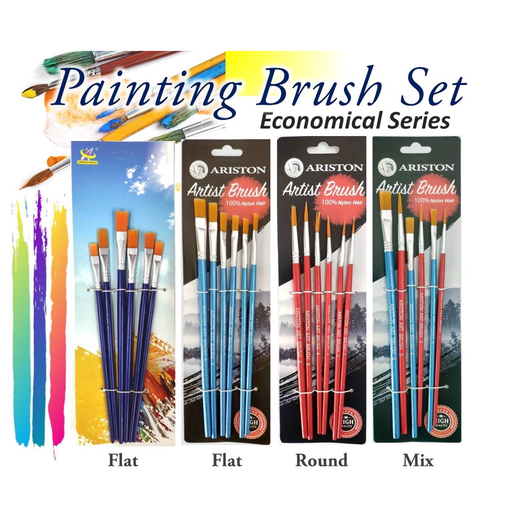 Painting Brush Set 6 pieces Flat Head Round Head Mix Head Assorted size ...