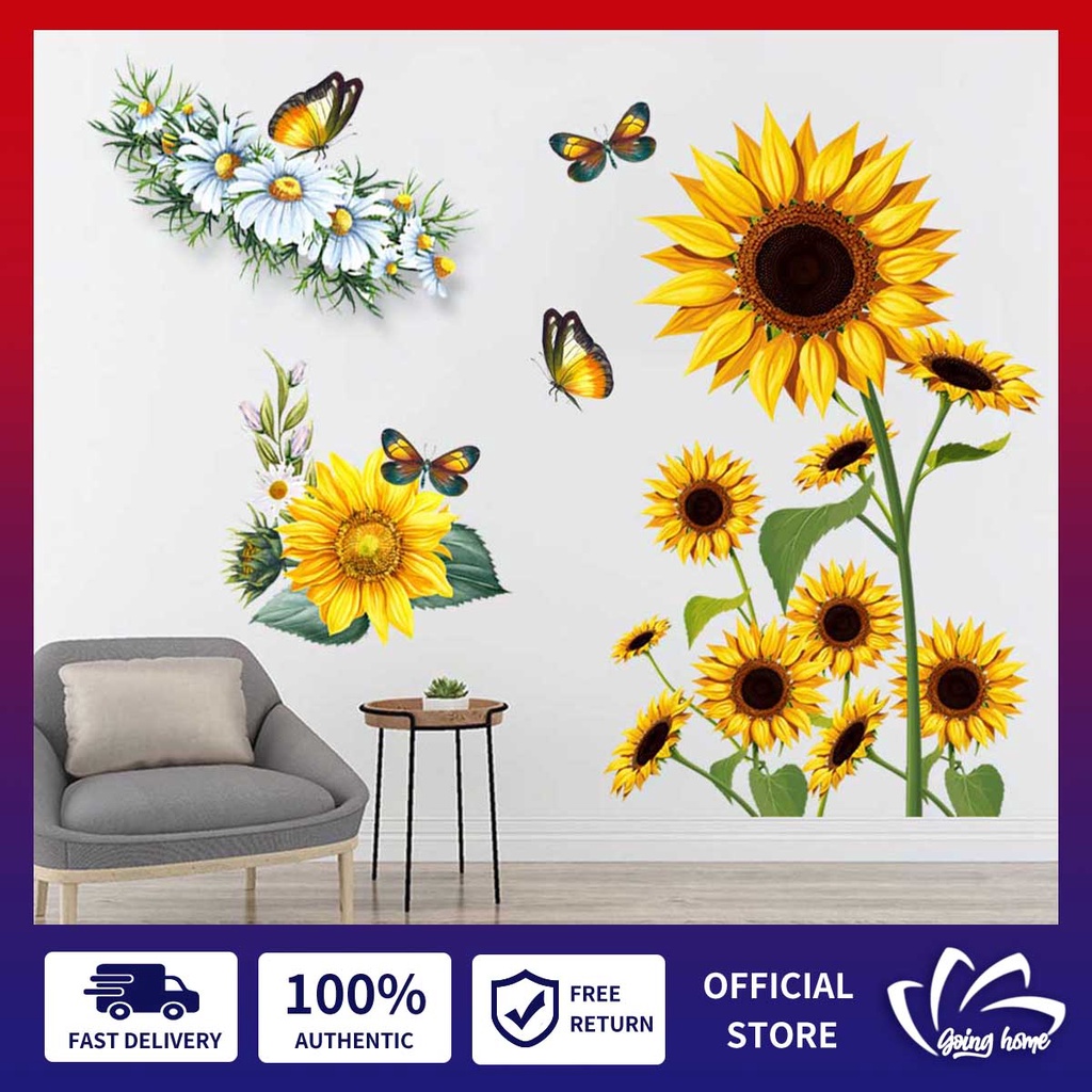 Sunflower Wall Stickers with 3D Butterfly Wall Decals Yellow Flowers