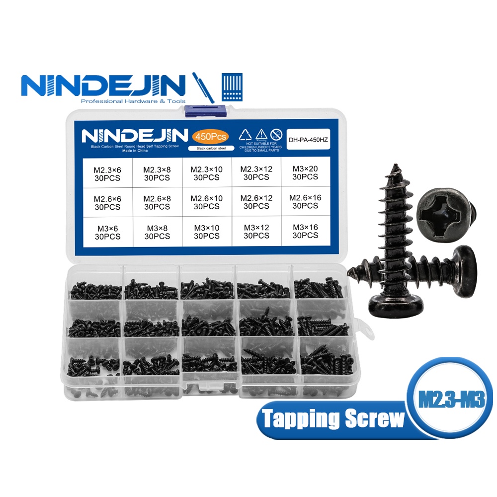 NINDEJIN Black Plated Round Pan Head Tapping Screws Set M2.3 M2.6 M3 ...