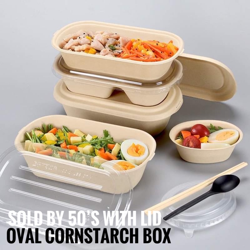 50pcs Oval Sugarcane Bagasse Biodegradable Box container with PET lid ...