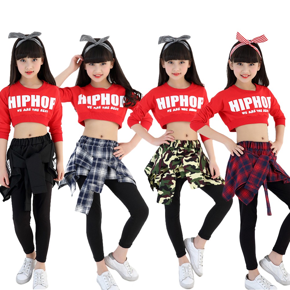 Lolanta 2 Pcs Girls Hip Hop Outfit Streetwear Jazz Dance Costume Casual  Sportswear Red Black Crop Top Long Pant Skirts