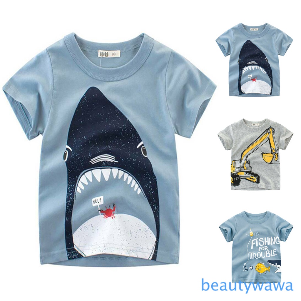 ❏✢Baby Kids Short Sleeve T-Shirt Floral Grey Blue Cartoon Sharks Print Boys  and Girls Tops