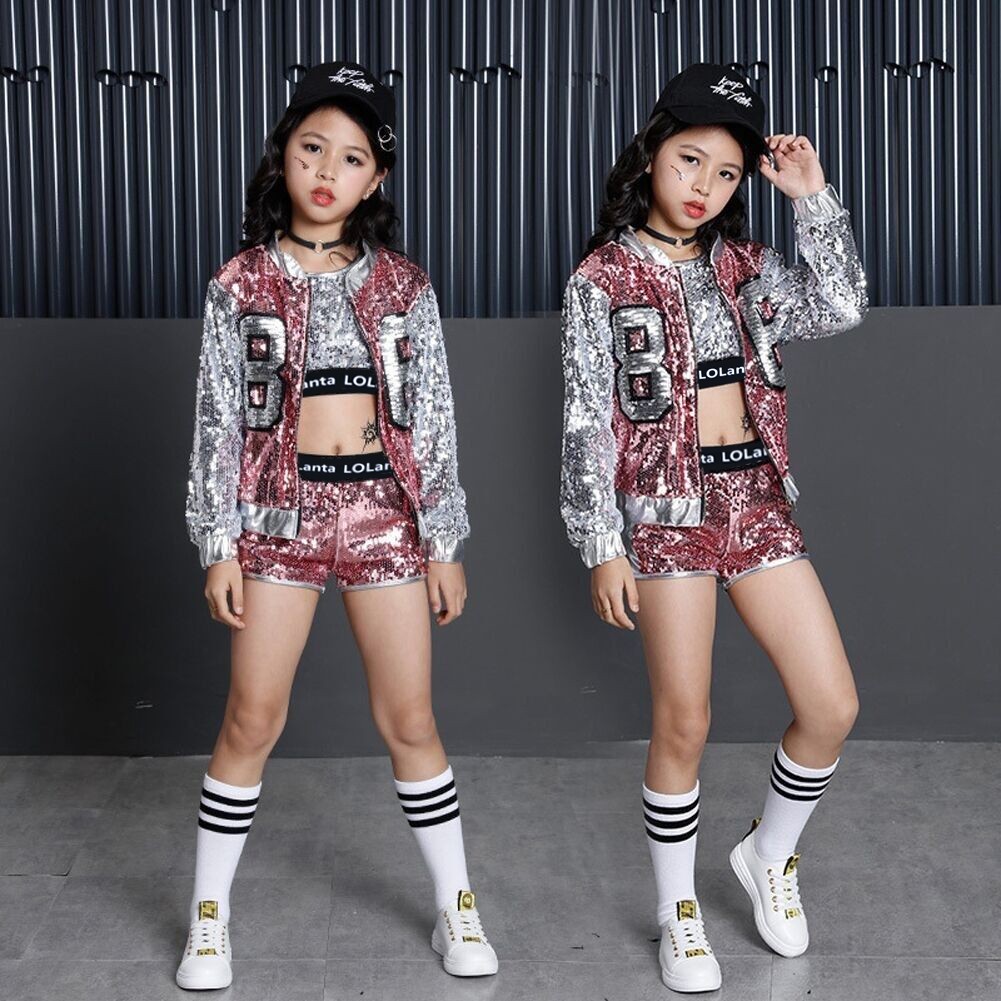 Lolanta Kids Girls Pink Sequins Hip Hop Clothes Streetwear Crop