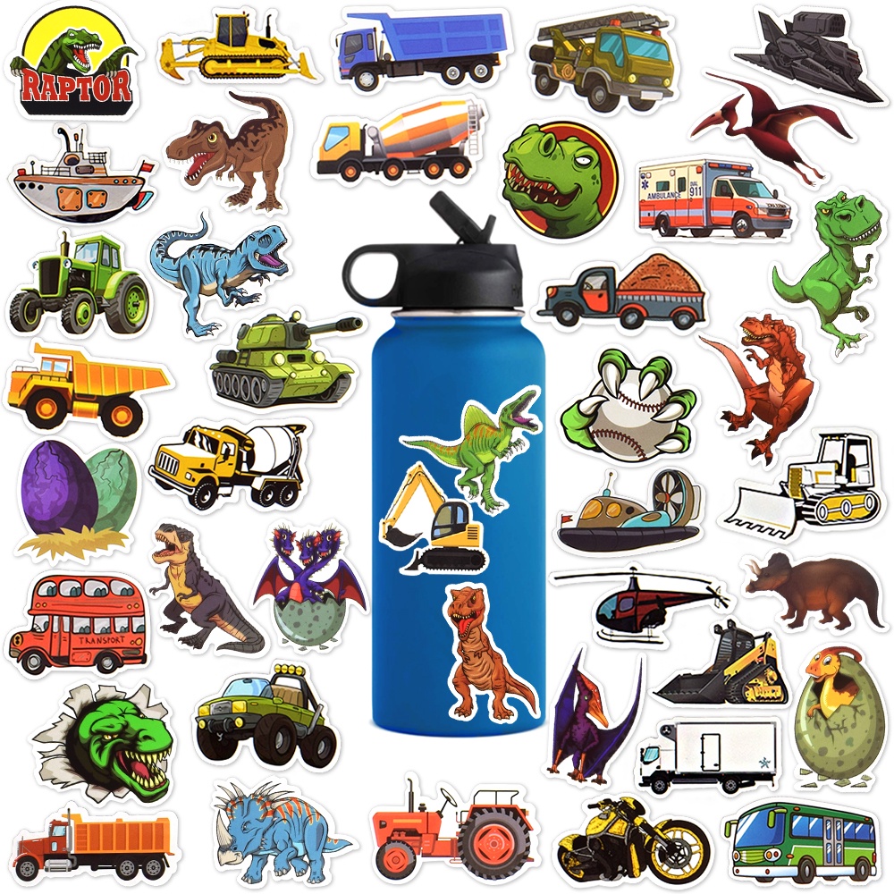 100 PCS Engineering Vehicle Car Jurassic Dinosaur Stickers for Kids