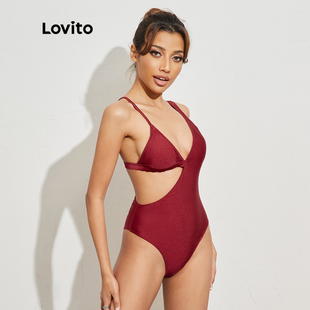 ✎▫✈Lovito Sexy Plain Asymmetrical Off The Shoulder Removable Chest Pad  One-pieces L16X218 (Red)