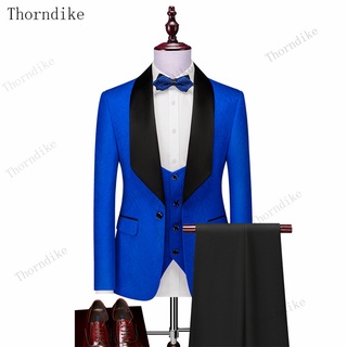 Thorndike Mens Wedding Suits White Jacquard With Black Satin Collar Tuxedo3  Pcs Groom Terno Suits F