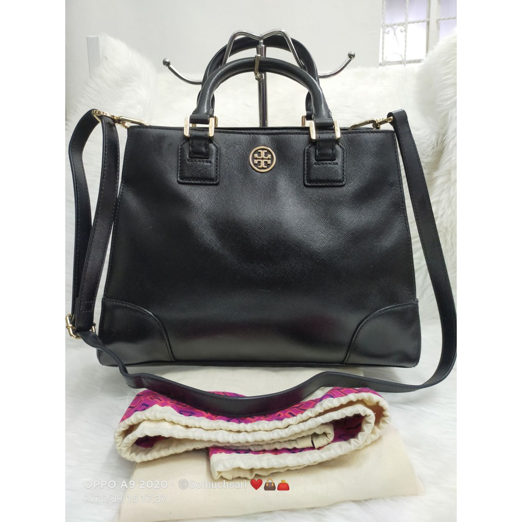 Tory Burch Black Saffiano Leather Robinson Double Zip Tote Tory