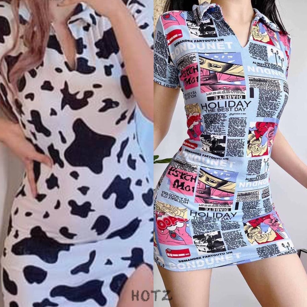 HOTZ Aira Comic Cow Print Polo Bodycon Cotton Spandex Dress XS - SEMI ...