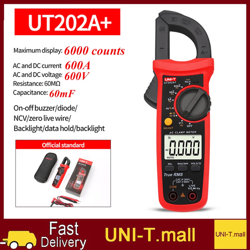 UNI-T UT202A+ 6000 Counts Digital Clamp Meter Auto range Dc/Ac Voltage ...