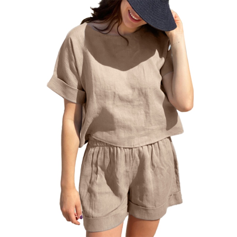 Zanzea Women Linen Cotton Casual Short Sleeve Blouse Elastic Waist Shorts Summer Set Shopee 5987