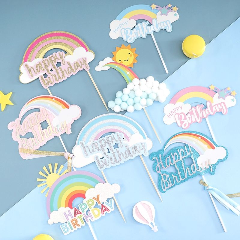 Combo of 10 rainbow HPBD sticks, glitter balloons to decorate cakes and ...