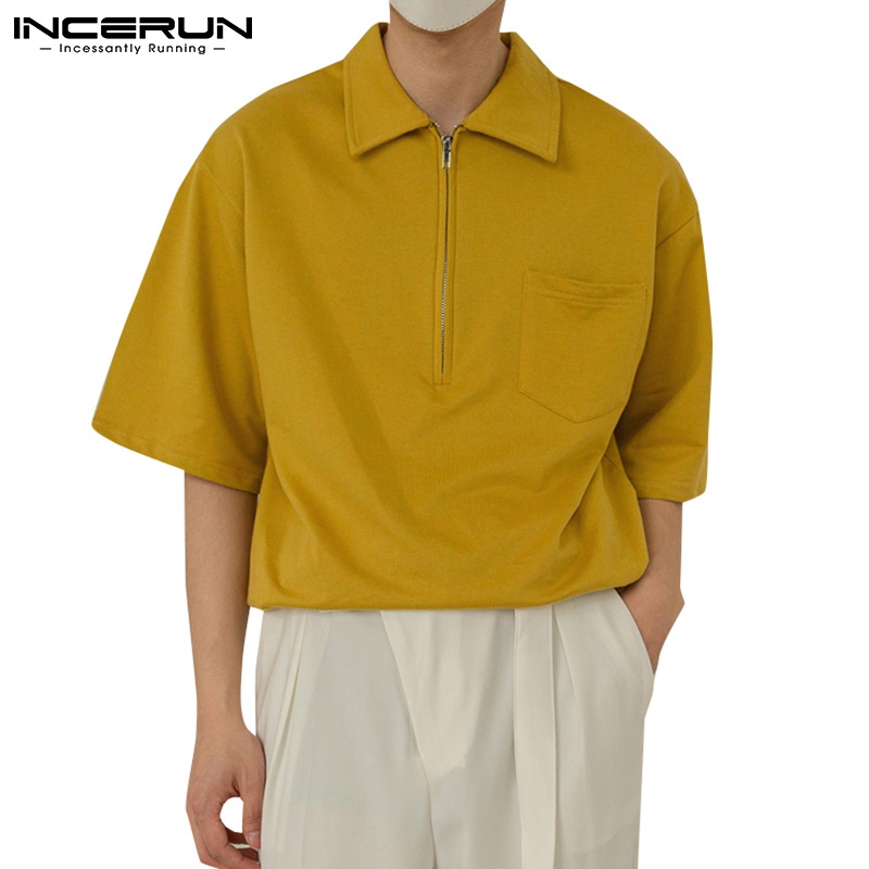 INCERUN Men Casual Short Sleeve Solid Color Loose Lapel Collar Polo ...