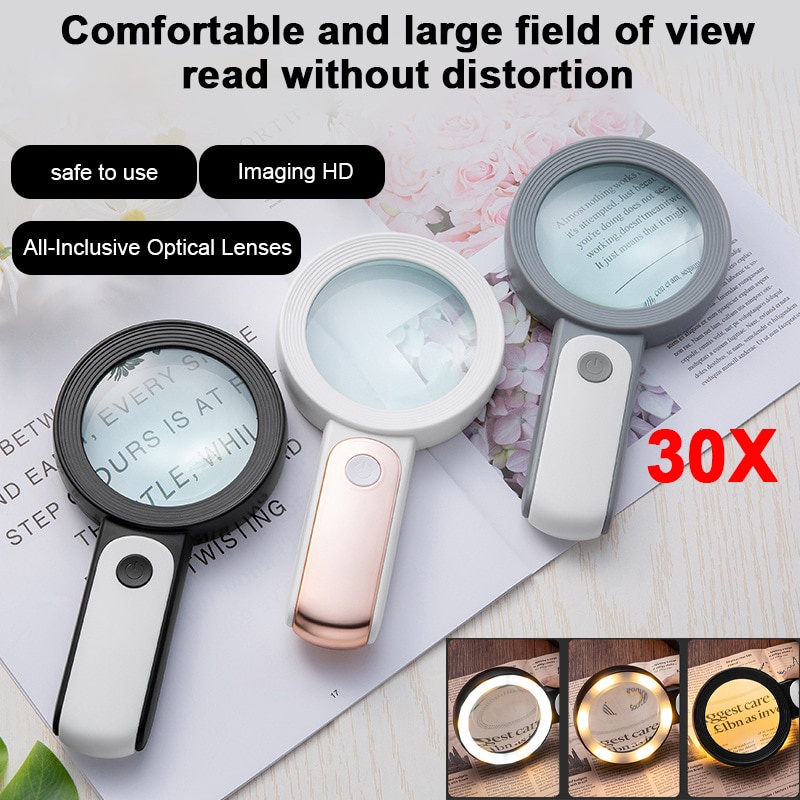 Lighted Magnifying Glass HD Imaging Optical Lens Handheld 30X Magnifier