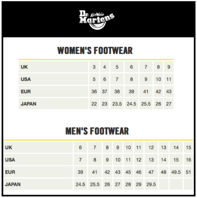 Martens size chart sale