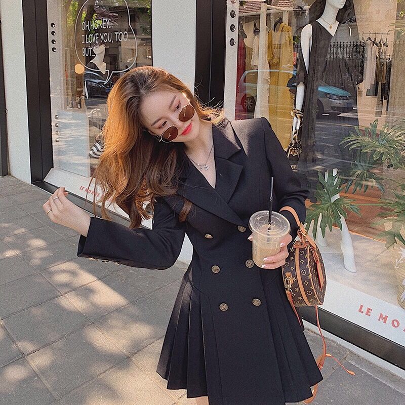Black Trendy Woman Slim Blazer Dress Dresses Sexy Loose Vintage