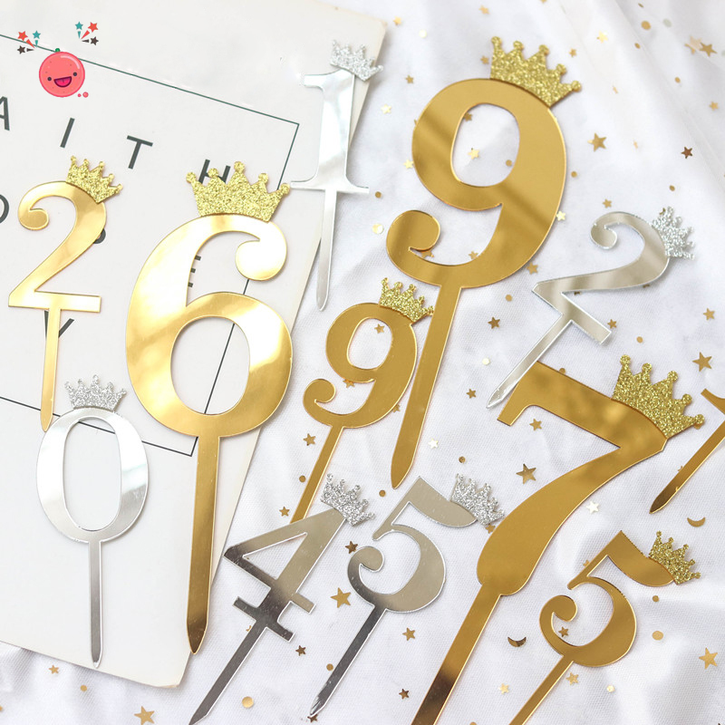 Number Cake Topper Gold Silver Crown Acrylic 0-9 Digital Birthday Party ...