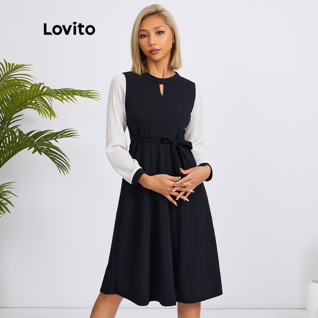 Lovito Casual Plain Cut Out Colorblock Lace Up Long Sleeves Fit & Flare