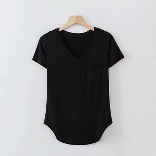Summer Short Sleeve Women U-shaped Hem V-neck T-shirt Sweet Casual Top Pure  Desire Basic Tees with Pocket