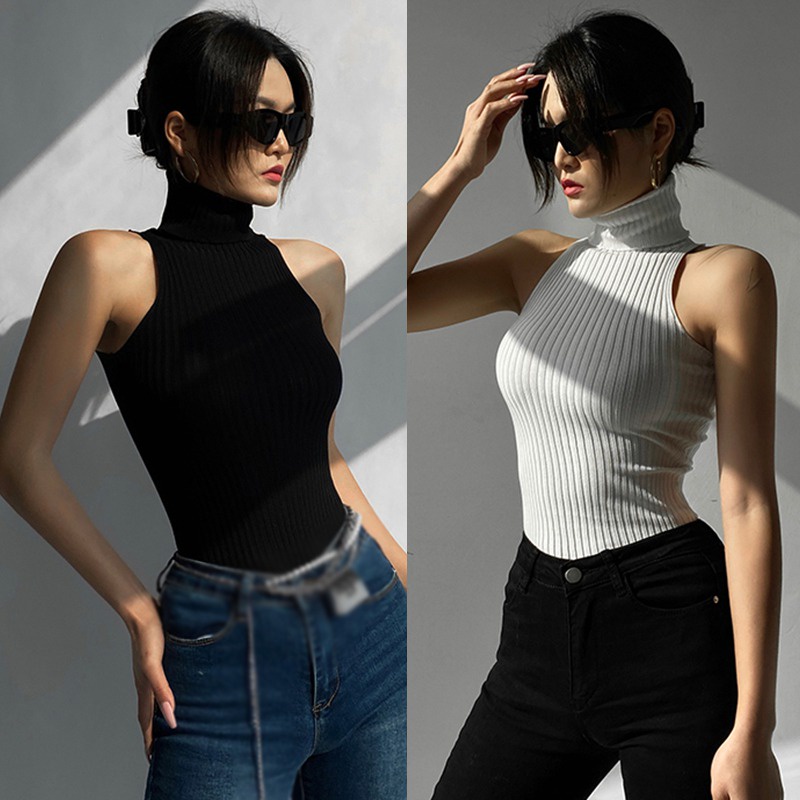Croptop for Women's Turtleneck Backless Tank Top Knit Solid Color Sexy ...