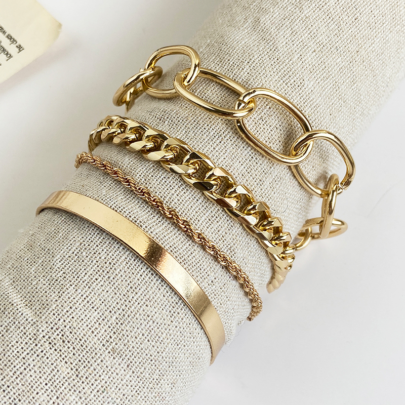 OwuU 4pcs/set Retro Fashion Thick String Chain Gold Bracelets