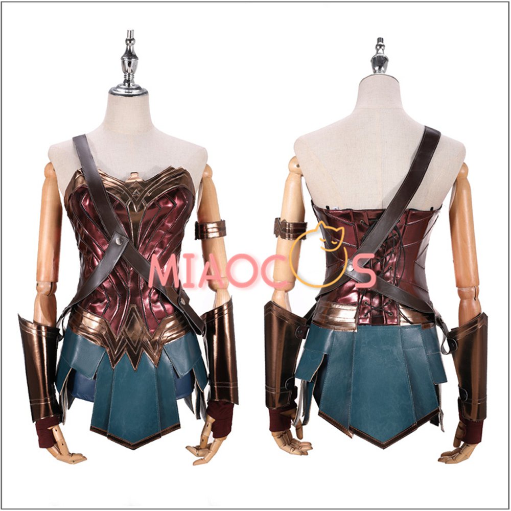 Anime Wonder Cos Woman Dress Diana Cosplay Costume Adult Brown Top Faux  Leather Corset Short