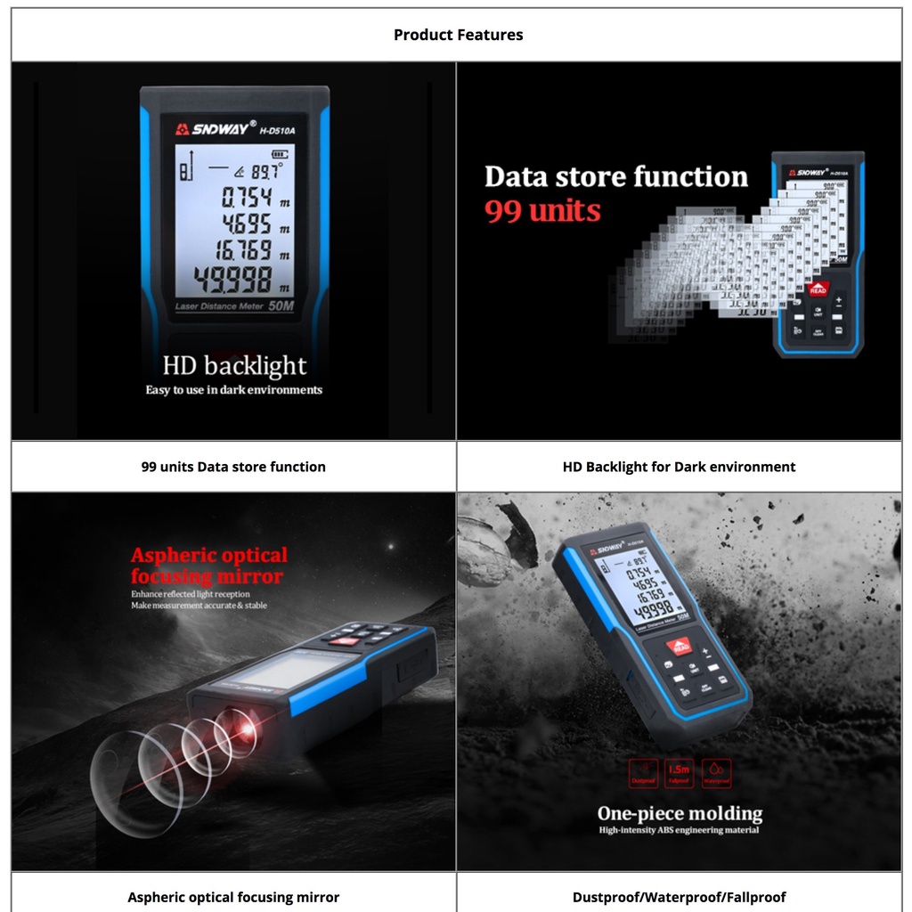 SNDWAY Laser Distance Meter 50m 70m 100m 120m Rangefinder Digital Range ...