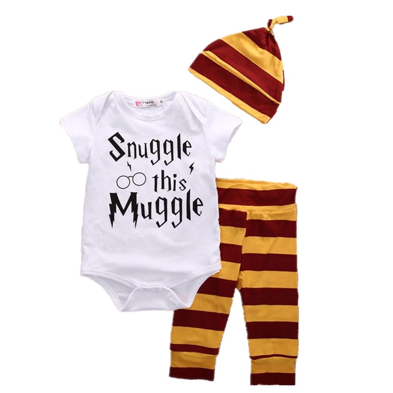 Harry Potter Baby Clothes Baby Girl Boy Short Sleeve Letter Print Romper Long Pants Hats 3pcs Suit Halloween Costume