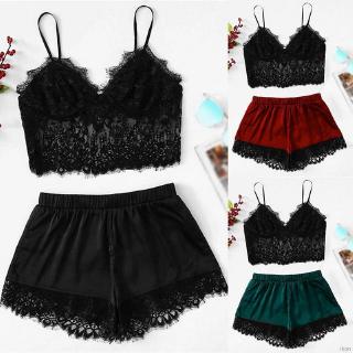 2pcs Womens Lace Sleepwear Lingerie Tops Shorts Set Babydoll