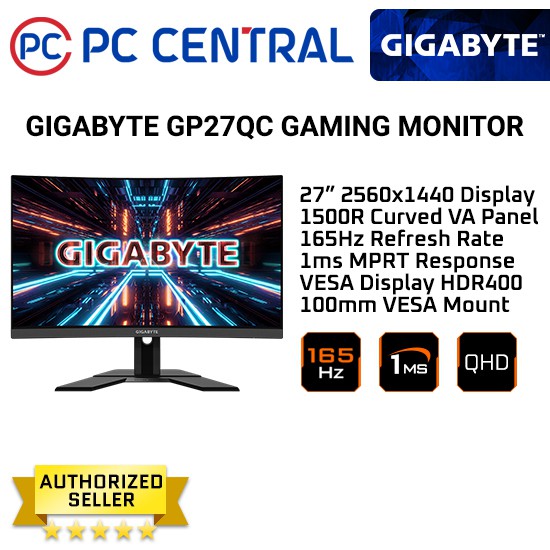 GIGABYTE G27QC 27 165Hz 1440P Curved Gaming Monitor, 2560 x 1440 VA 1500R  Display, 1ms (MPRT) Response Time, 92% DCI-P3, HDR Ready, FreeSync Premium