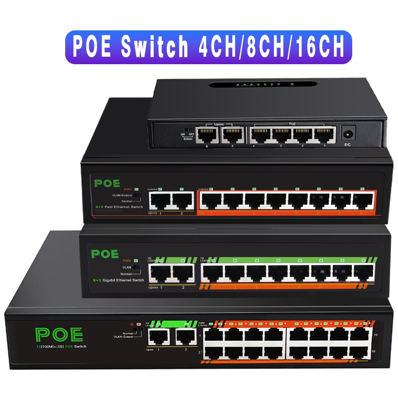 52V Network POE Switch With 4/8/16CH Ports 10/100/1000Mbps IEEE 802.3 ...