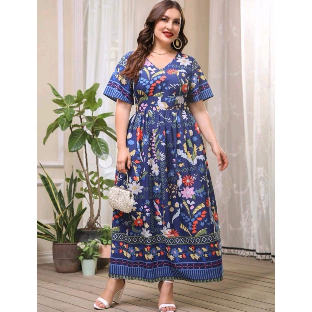 women plus size blue drsss maxi floral overlap korean fashion dresses ...