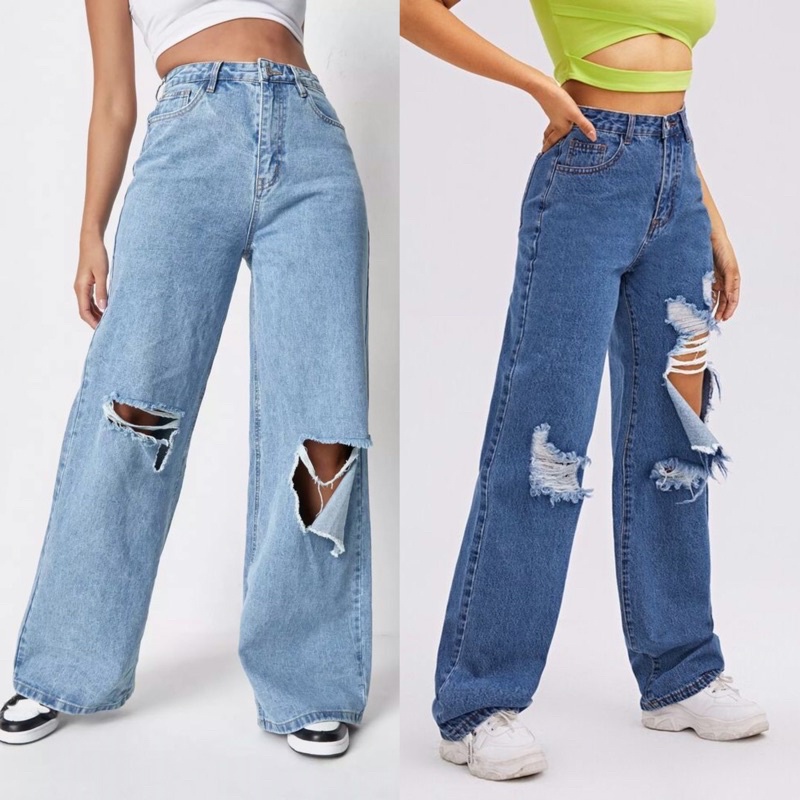 Highwaist Denim Pants Squarepants Baggy Pants Wideleg Ripped