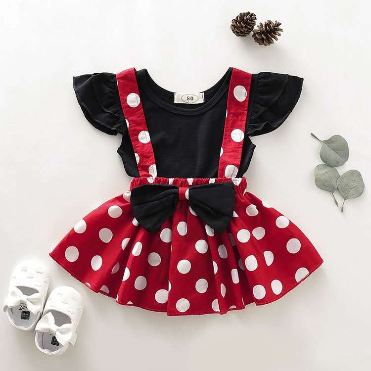 Mickey Minnie Mouse Dress for Baby Girl Set Black Tshirt Top Polka dot Suspender Skirt Toddler Baby Dress Shopee Philippines