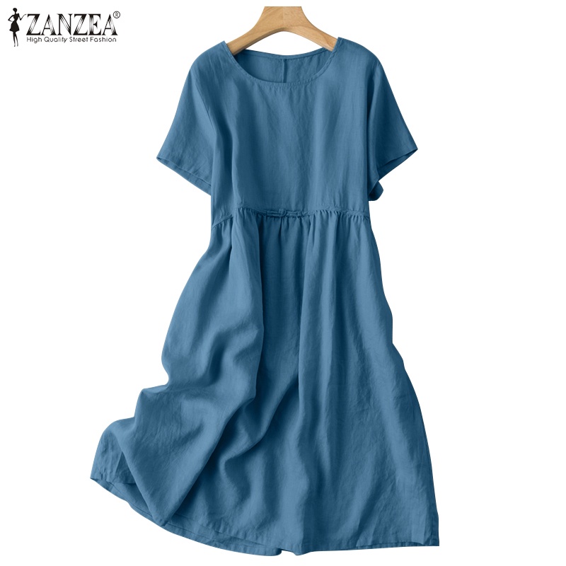 ZANZEA Women Crew Neck Short Sleeve Panel Loose Cotton Pocket Dress ...