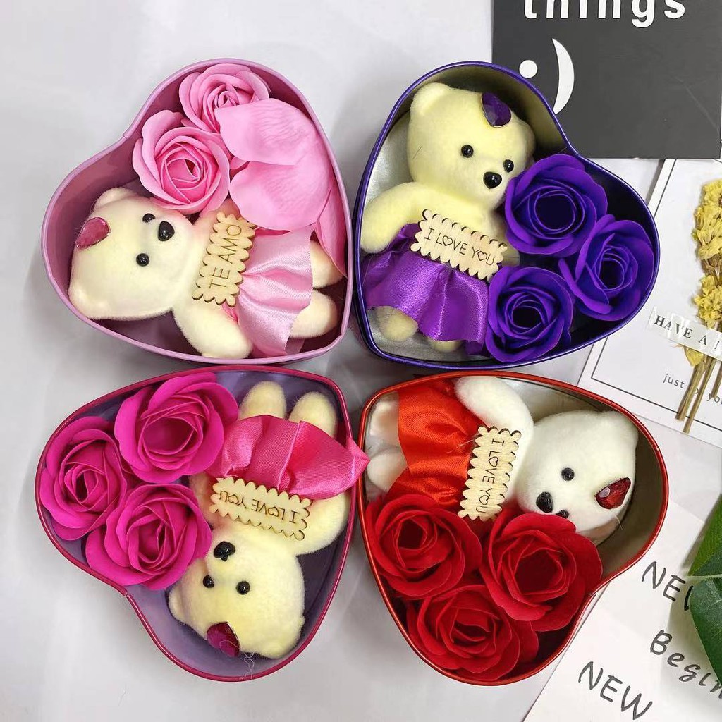 3Pcs soap rose with bear Heart Scented Bath Body Petal Rose Flower Soap ...