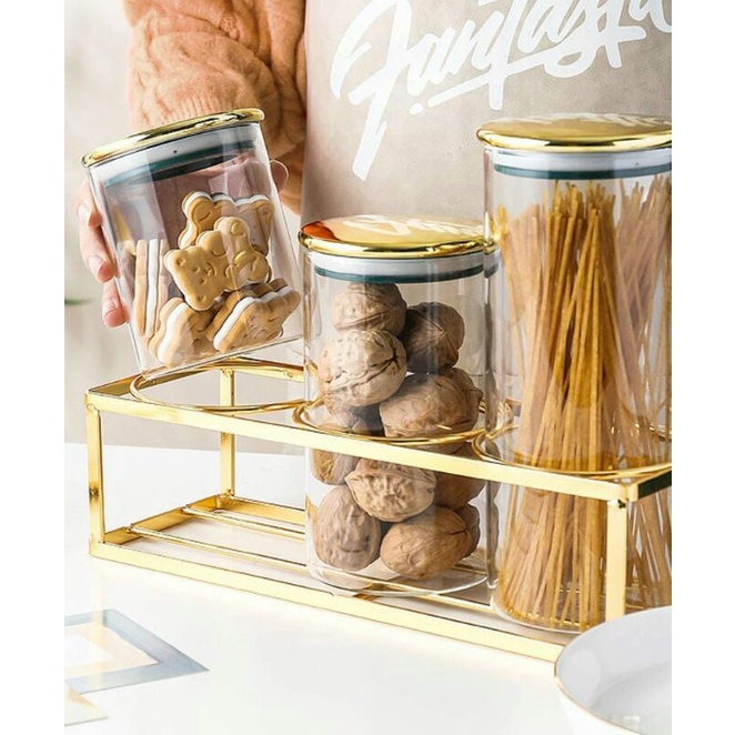 Glass jar set gold Shelf. gold Glass Container. triple gold jar rack ...