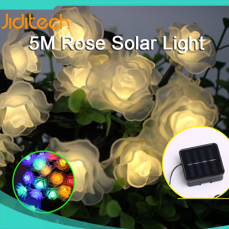 Jiditech 5M 20 LED Solar Rose Light Garland Artificial Rose Flower