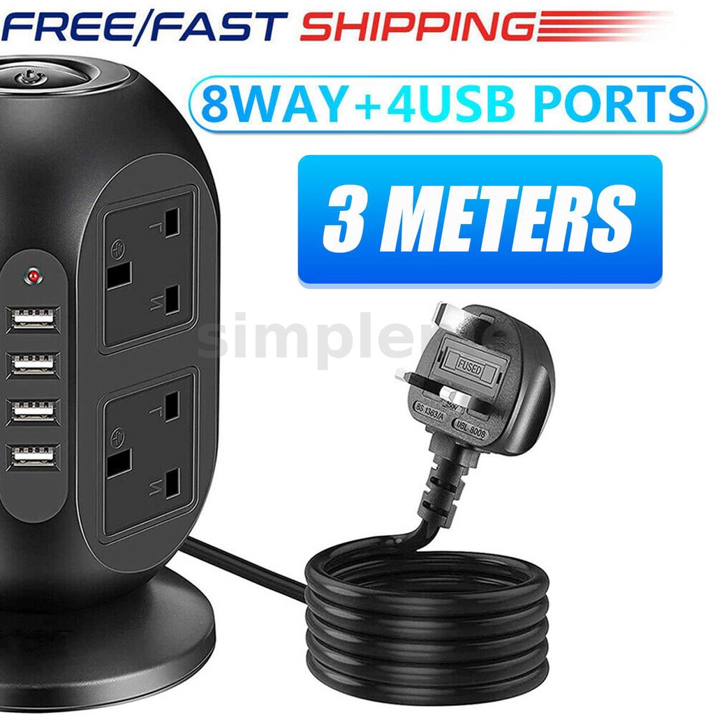 3M Extension Lead Cable Surge Protected Tower Power Socket with 8Way 4