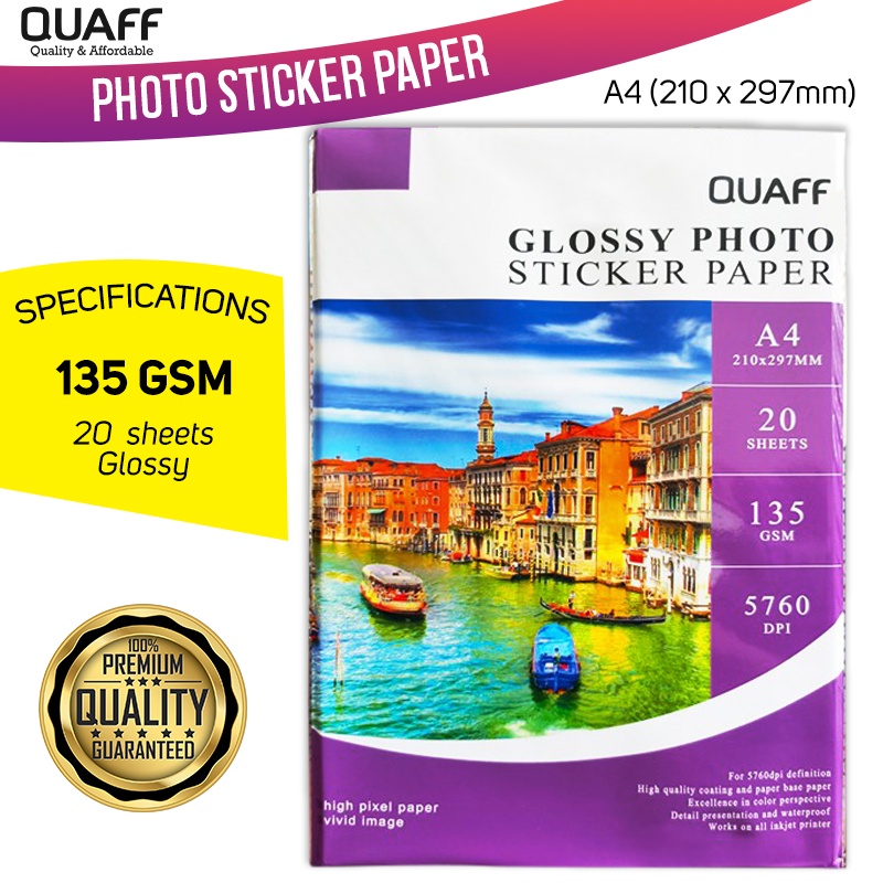 QUAFF Inkjet Photo Sticker Paper Glossy 135GSM 90GSM A4 Size 20 50