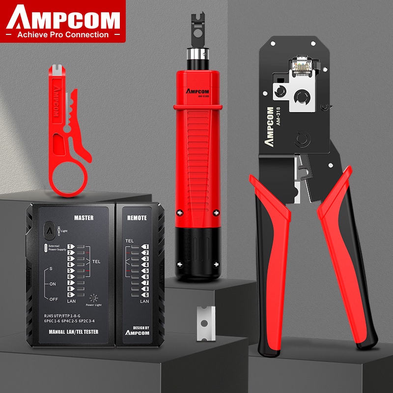 AMPCOM RJ45 Crimper Lan Tester Tool Set Ethernet Cable Stripper Punch ...